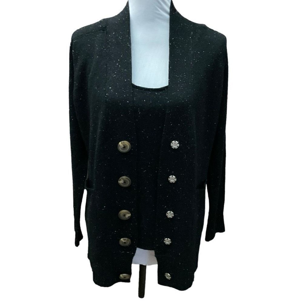 One Girl Who Cardigan Tank Top Sweater Set Cashmere Black Speckled Knit Large